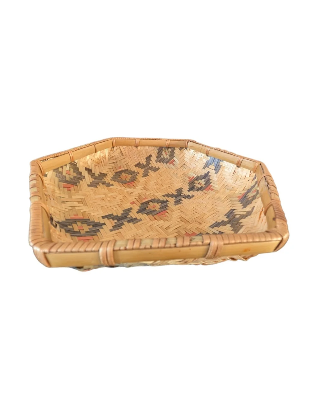 Vintage Southeast Asian Woven Hexagon Straw Basket Tray